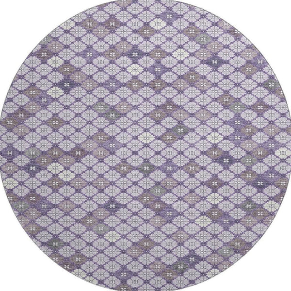 HomeRoots 8' Modern Geometric Lavender, Ivory & Gray Washable Round Rug with UV Protection for High Traffic Areas 705302