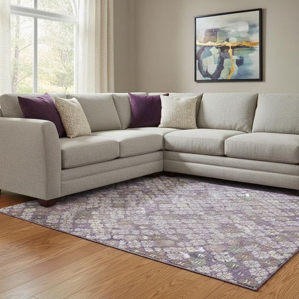 HomeRoots 8' X 10' Stylish Lavender Ivory Gray Geometric Washable Area Rug with UV Protection for Modern Homes 705303