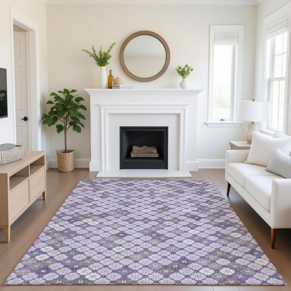 HomeRoots 9' X 12' Stylish Lavender, Ivory & Gray Geometric Washable Area Rug with UV Protection & Non-Slip Backing 705304
