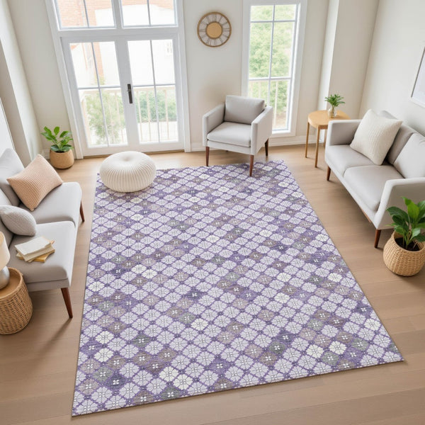 HomeRoots 10' Geometric Washable Area Rug in Lavender, Ivory & Gray - Durable, UV-Protected for Busy Homes! 705305