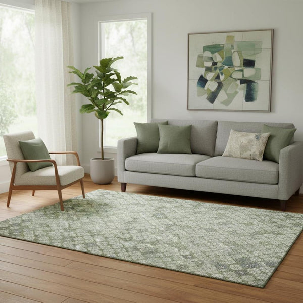 HomeRoots 5' X 8' Mint Green & Ivory Geometric Washable Area Rug - Durable, UV Protected, Non-Slip Design 705307