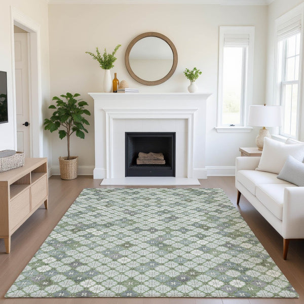 HomeRoots 5' X 8' Mint Green & Ivory Geometric Washable Area Rug - Durable, UV Protected, Non-Slip Design 705307