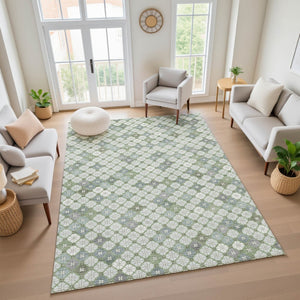 HomeRoots 5' X 8' Mint Green & Ivory Geometric Washable Area Rug - Durable, UV Protected, Non-Slip Design 705307