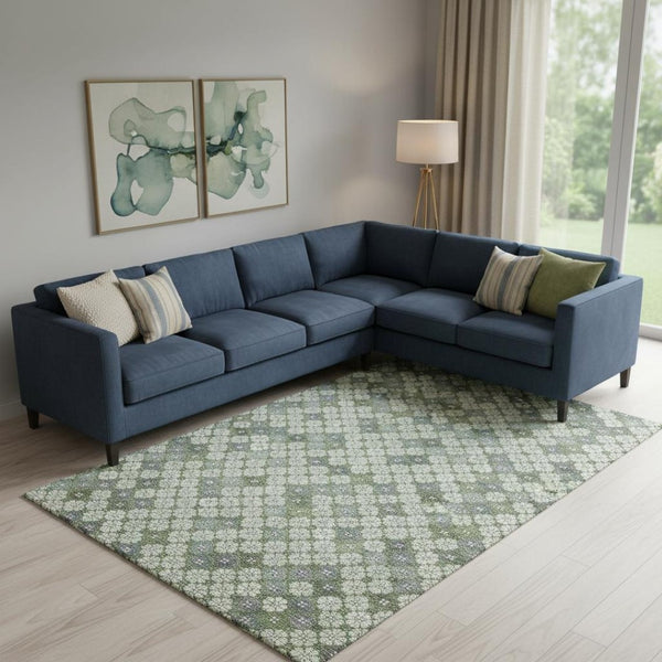 HomeRoots 9' X 12' Mint Green Geometric Washable Area Rug with UV Protection for High-Traffic Spaces 705310
