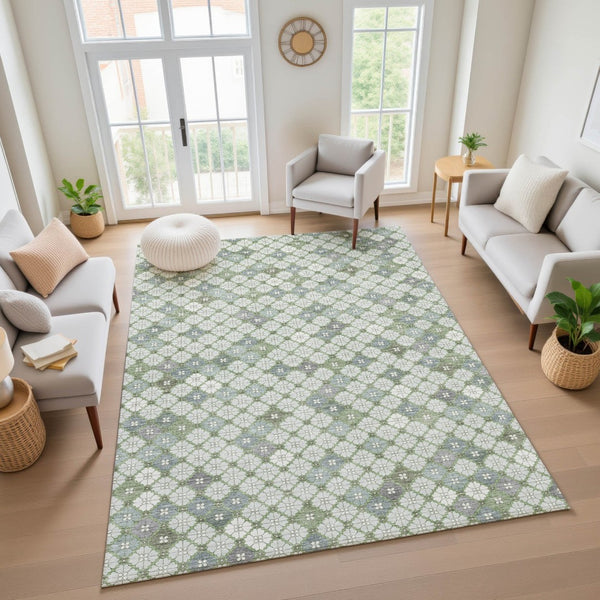 HomeRoots 9' X 12' Mint Green Geometric Washable Area Rug with UV Protection for High-Traffic Spaces 705310