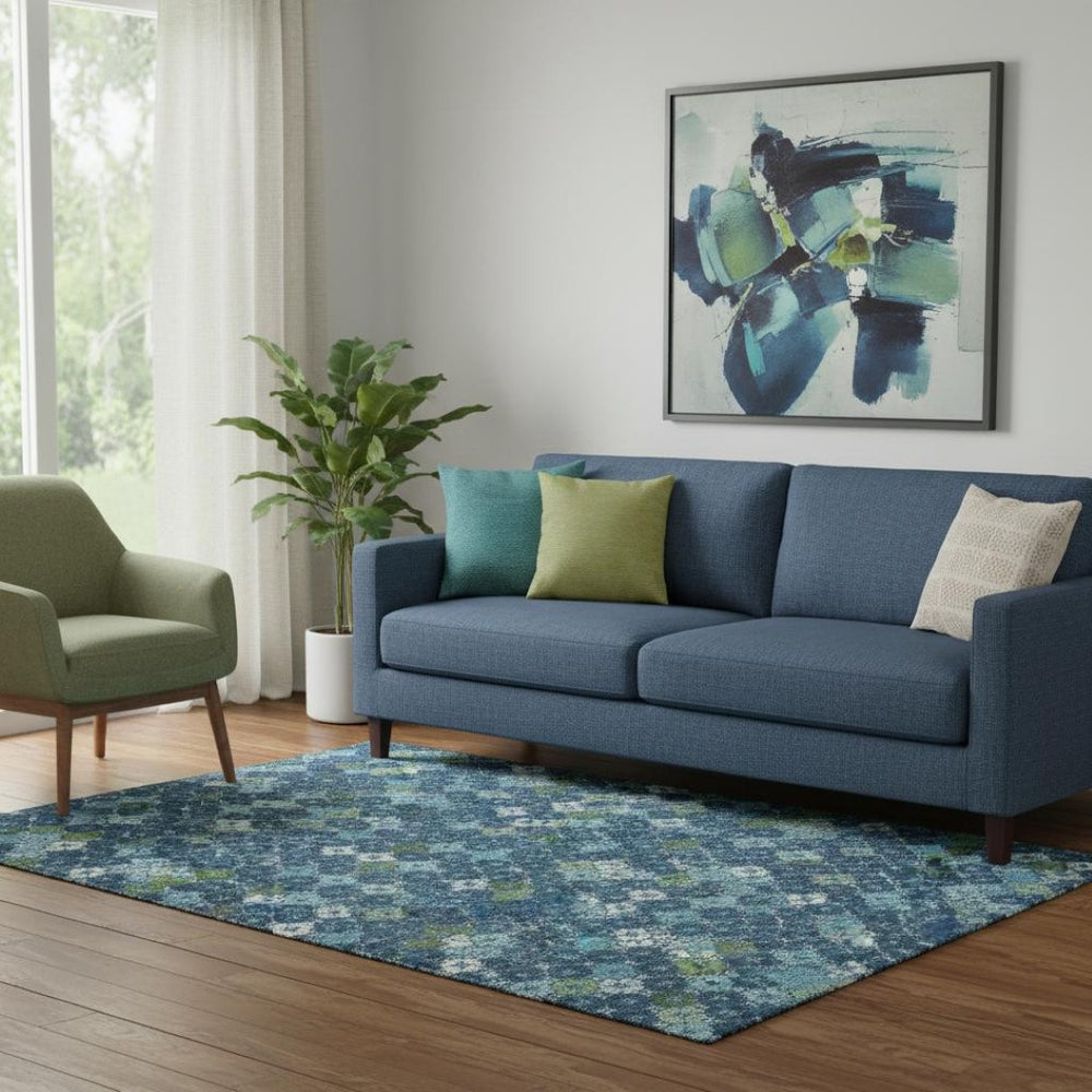 HomeRoots 5' x 8' Geometric Washable Area Rug in Navy, Ivory, and Green – Durable, UV-Protected & Stain-Resistant! 705313