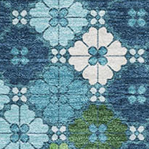 HomeRoots 5' x 8' Geometric Washable Area Rug in Navy, Ivory, and Green – Durable, UV-Protected & Stain-Resistant! 705313