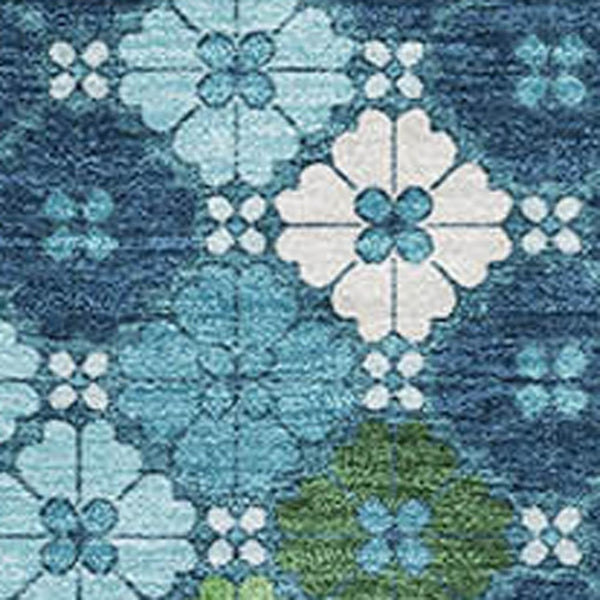 HomeRoots 5' x 8' Geometric Washable Area Rug in Navy, Ivory, and Green – Durable, UV-Protected & Stain-Resistant! 705313