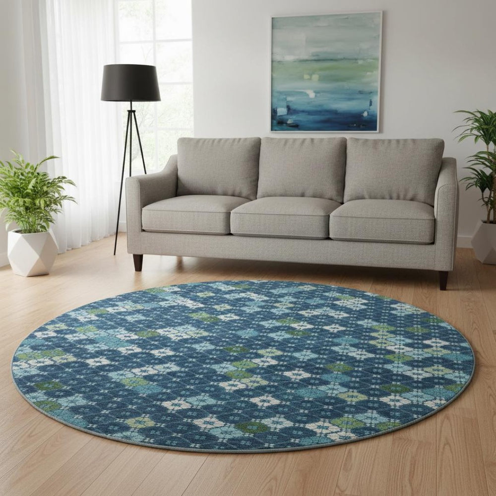 HomeRoots 8' Washable Round Rug in Navy Blue, Ivory & Green - Modern Geometric Design with UV Protection! 705314