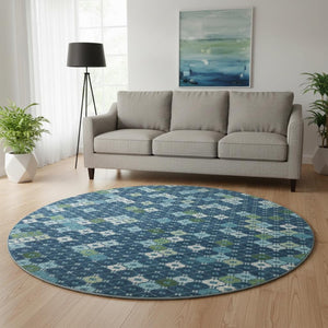 HomeRoots 8' Washable Round Rug in Navy Blue, Ivory & Green - Modern Geometric Design with UV Protection! 705314