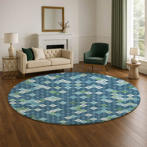 HomeRoots 8' Washable Round Rug in Navy Blue, Ivory & Green - Modern Geometric Design with UV Protection! 705314