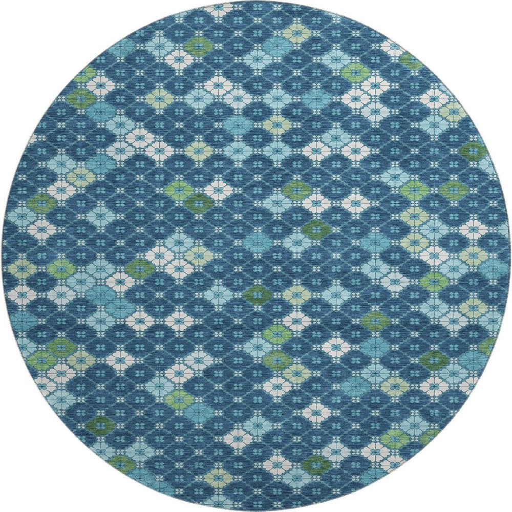 HomeRoots 8' Washable Round Rug in Navy Blue, Ivory & Green - Modern Geometric Design with UV Protection! 705314