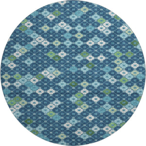 HomeRoots 8' Washable Round Rug in Navy Blue, Ivory & Green - Modern Geometric Design with UV Protection! 705314