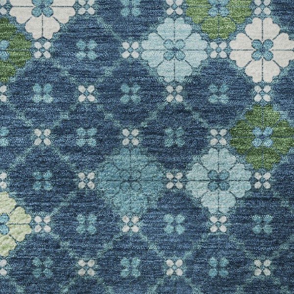 HomeRoots 8' Washable Round Rug in Navy Blue, Ivory & Green - Modern Geometric Design with UV Protection! 705314