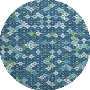 HomeRoots 8' Washable Round Rug in Navy Blue, Ivory & Green - Modern Geometric Design with UV Protection! 705314