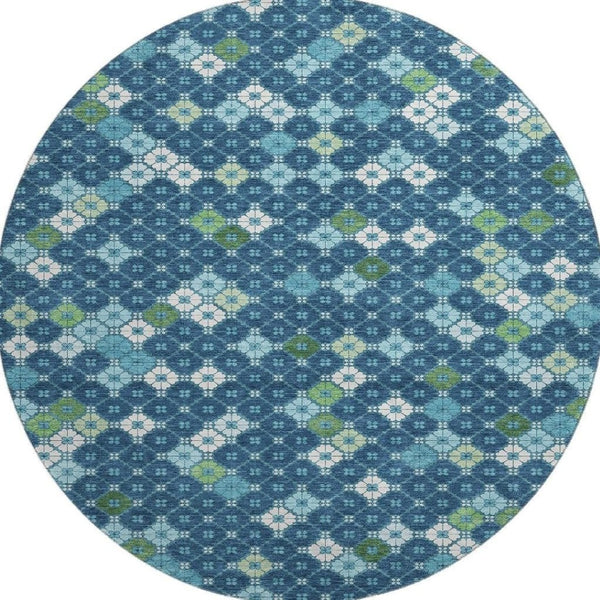 HomeRoots 8' Washable Round Rug in Navy Blue, Ivory & Green - Modern Geometric Design with UV Protection! 705314