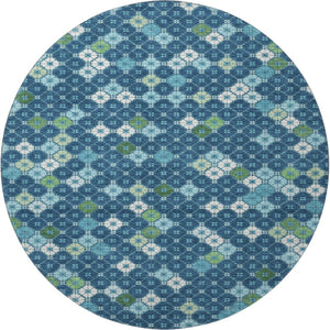 HomeRoots 8' Washable Round Rug in Navy Blue, Ivory & Green - Modern Geometric Design with UV Protection! 705314