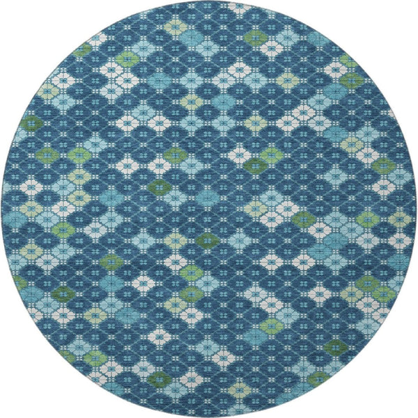 HomeRoots 8' Washable Round Rug in Navy Blue, Ivory & Green - Modern Geometric Design with UV Protection! 705314