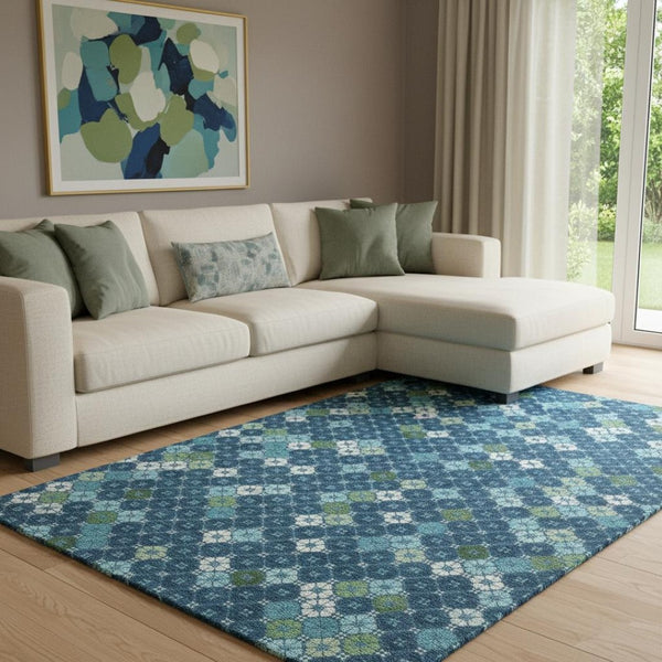 HomeRoots 8' X 10' Stylish Navy Blue and Green Geometric Washable Area Rug with UV Protection for Durability 705315