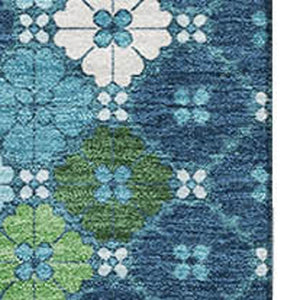 HomeRoots 8' X 10' Stylish Navy Blue and Green Geometric Washable Area Rug with UV Protection for Durability 705315