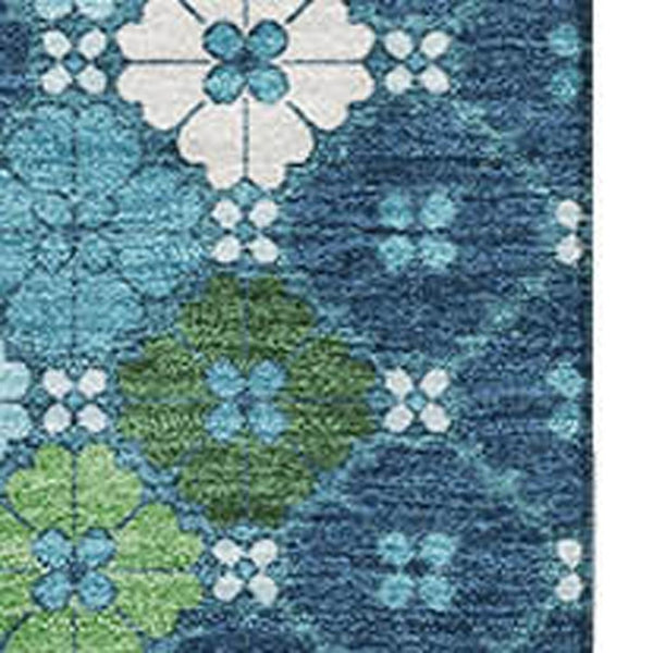 HomeRoots 8' X 10' Stylish Navy Blue and Green Geometric Washable Area Rug with UV Protection for Durability 705315