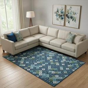 HomeRoots 9' X 12' Stylish Navy Blue Geometric Area Rug - Washable, Stain Resistant & UV Protected Decor Solution 705316