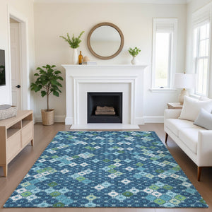 HomeRoots 9' X 12' Stylish Navy Blue Geometric Area Rug - Washable, Stain Resistant & UV Protected Decor Solution 705316
