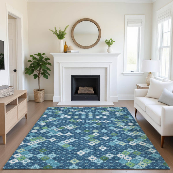 HomeRoots 9' X 12' Stylish Navy Blue Geometric Area Rug - Washable, Stain Resistant & UV Protected Decor Solution 705316