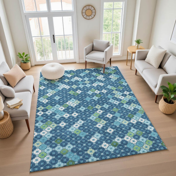 HomeRoots 9' X 12' Stylish Navy Blue Geometric Area Rug - Washable, Stain Resistant & UV Protected Decor Solution 705316