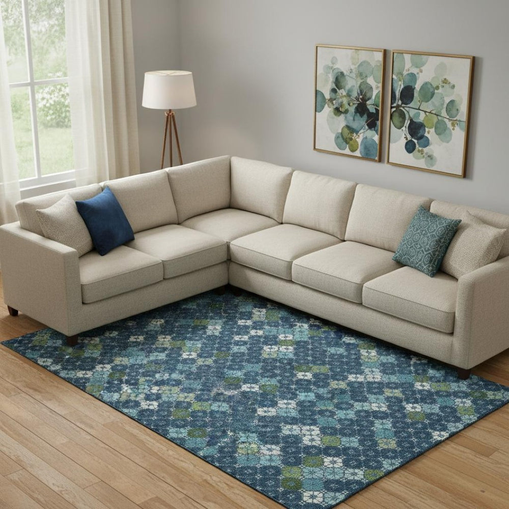 HomeRoots 10' Navy Blue, Ivory & Green Geometric Washable Area Rug with UV Protection for High-Traffic Spaces 705317