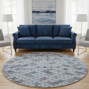 HomeRoots 8' Sky Blue Teal & Lavender Geometric Washable Round Rug - Durable, Stain Resistant, UV Protected! 705320
