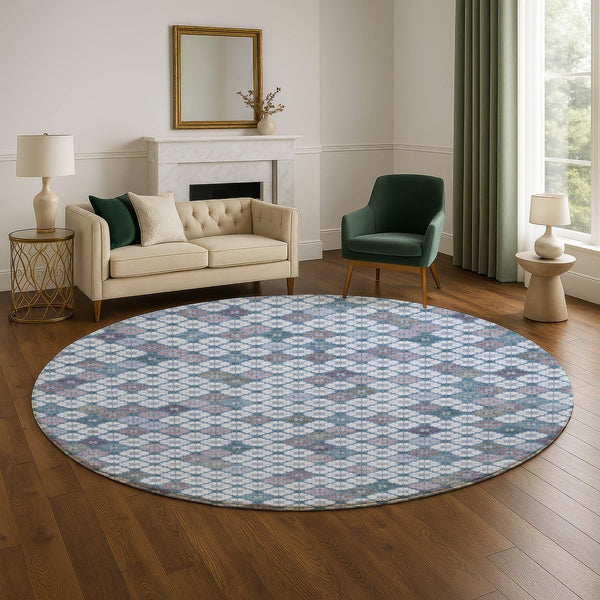 HomeRoots 8' Sky Blue Teal & Lavender Geometric Washable Round Rug - Durable, Stain Resistant, UV Protected! 705320