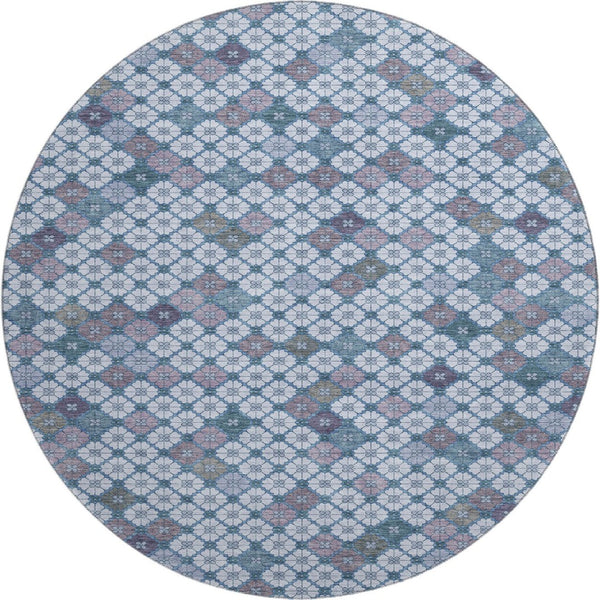 HomeRoots 8' Sky Blue Teal & Lavender Geometric Washable Round Rug - Durable, Stain Resistant, UV Protected! 705320