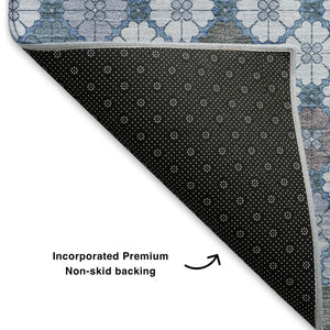 HomeRoots 8' Sky Blue Teal & Lavender Geometric Washable Round Rug - Durable, Stain Resistant, UV Protected! 705320