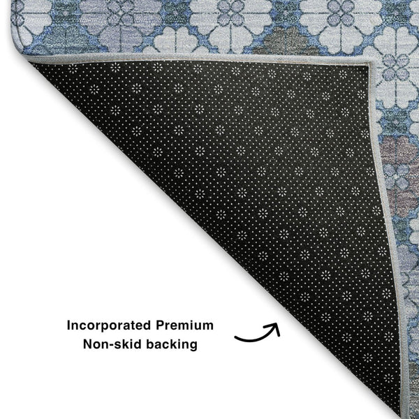 HomeRoots 8' Sky Blue Teal & Lavender Geometric Washable Round Rug - Durable, Stain Resistant, UV Protected! 705320