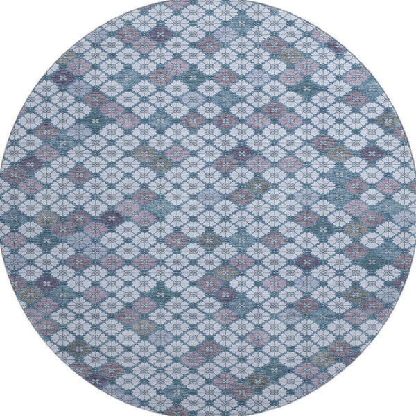 HomeRoots 8' Sky Blue Teal & Lavender Geometric Washable Round Rug - Durable, Stain Resistant, UV Protected! 705320