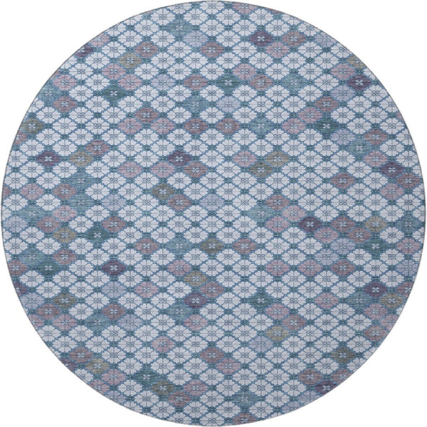 HomeRoots 8' Sky Blue Teal & Lavender Geometric Washable Round Rug - Durable, Stain Resistant, UV Protected! 705320