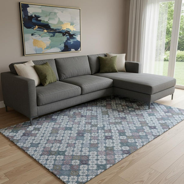 HomeRoots 8' X 10' Stylish Washable Geometric Area Rug in Sky Blue, Teal & Lavender - Durable & UV Protected! 705321