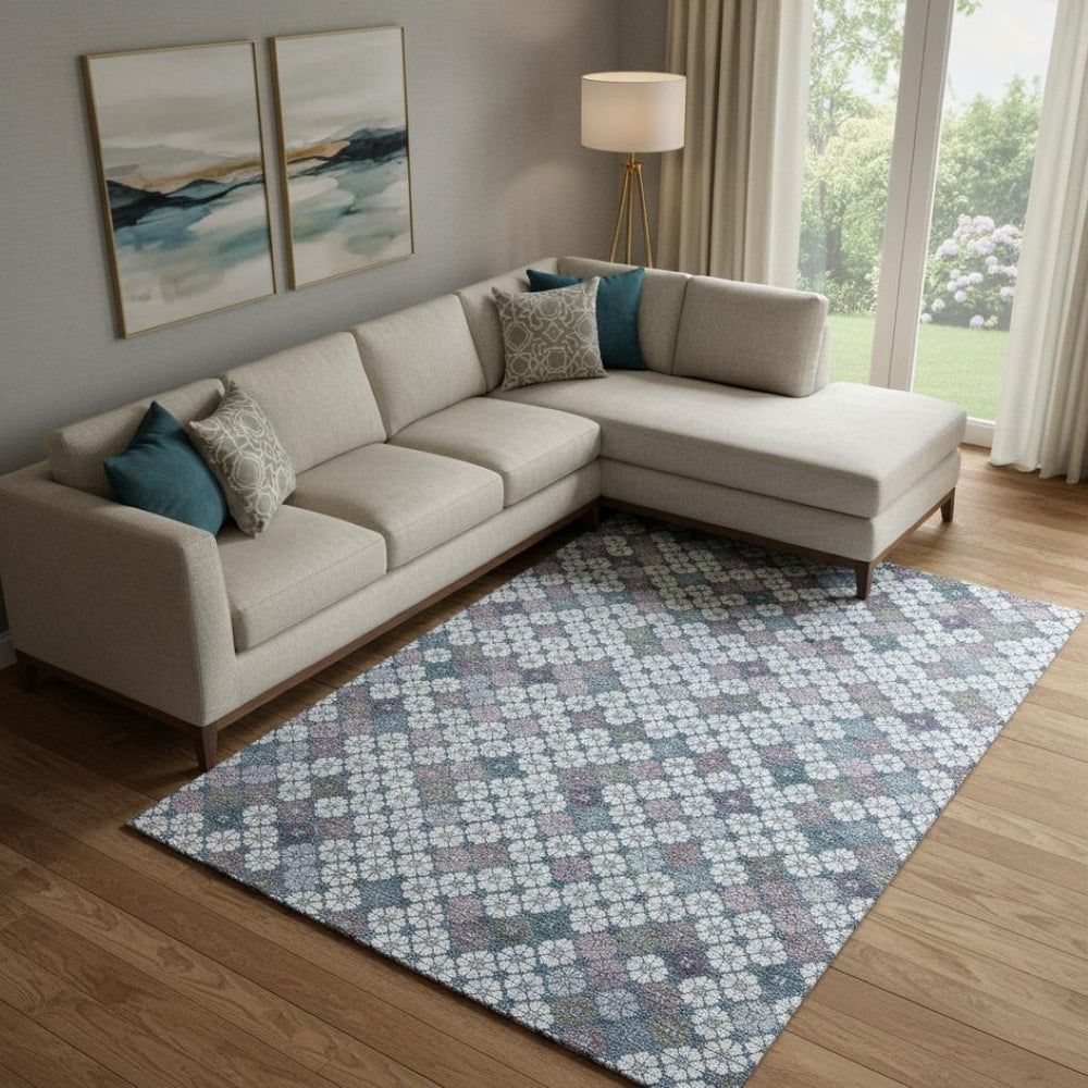 HomeRoots 9' X 12' Sky Blue, Teal & Lavender Geometric Area Rug - Stain Resistant, UV Protected & Washable! 705322