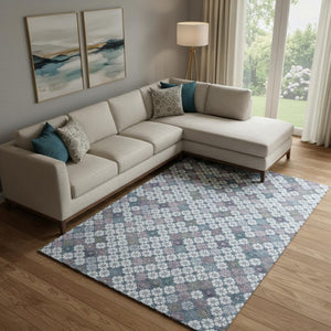 HomeRoots 9' X 12' Sky Blue, Teal & Lavender Geometric Area Rug - Stain Resistant, UV Protected & Washable! 705322