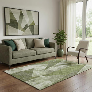 HomeRoots 5' Stylish Green Ivory & Beige Abstract Geometric Washable Area Rug with UV Protection & Durability 705325