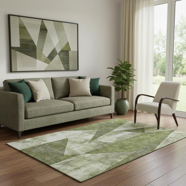 HomeRoots 5' Stylish Green Ivory & Beige Abstract Geometric Washable Area Rug with UV Protection & Durability 705325