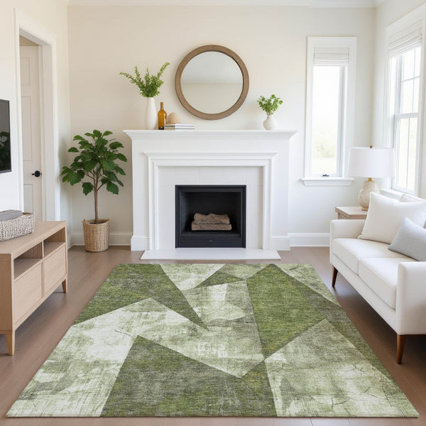 HomeRoots 5' Stylish Green Ivory & Beige Abstract Geometric Washable Area Rug with UV Protection & Durability 705325