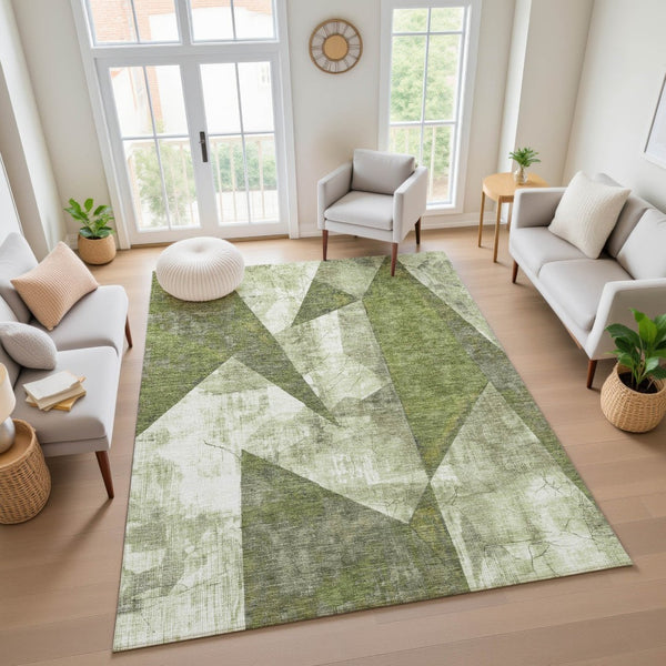 HomeRoots 5' Stylish Green Ivory & Beige Abstract Geometric Washable Area Rug with UV Protection & Durability 705325