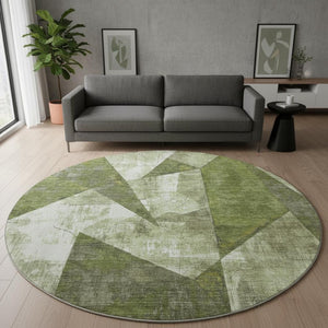 HomeRoots 8' Stylish Green, Ivory & Beige Abstract Geometric Round Rug - Washable, UV-Protected & Durable 705326