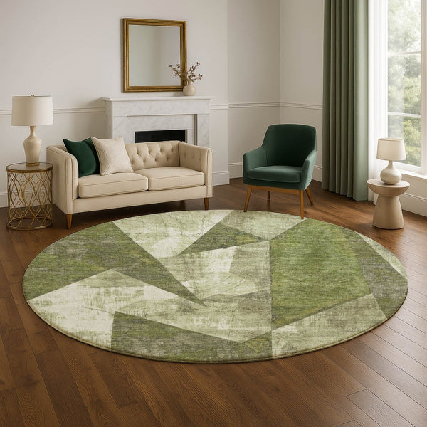 HomeRoots 8' Stylish Green, Ivory & Beige Abstract Geometric Round Rug - Washable, UV-Protected & Durable 705326