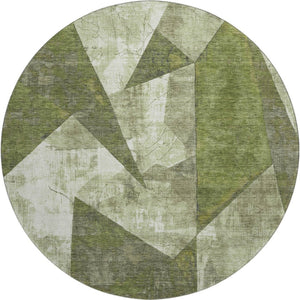 HomeRoots 8' Stylish Green, Ivory & Beige Abstract Geometric Round Rug - Washable, UV-Protected & Durable 705326