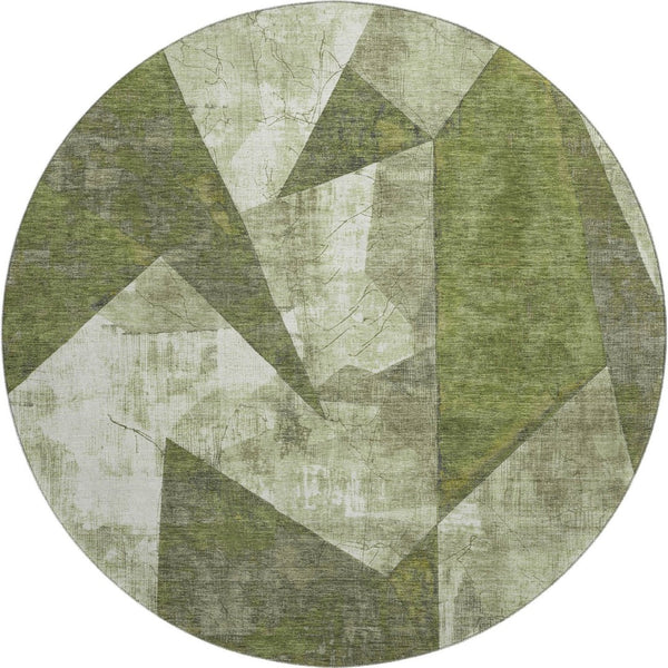 HomeRoots 8' Stylish Green, Ivory & Beige Abstract Geometric Round Rug - Washable, UV-Protected & Durable 705326