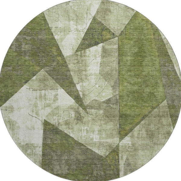 HomeRoots 8' Stylish Green, Ivory & Beige Abstract Geometric Round Rug - Washable, UV-Protected & Durable 705326
