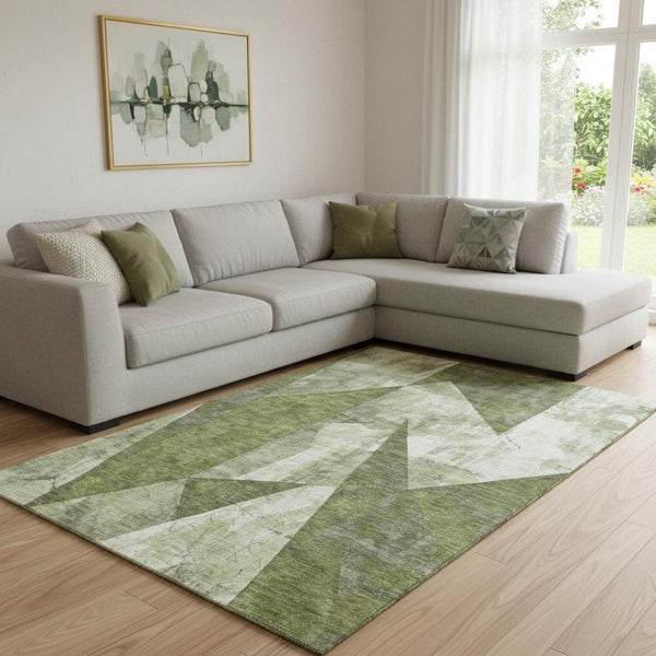 HomeRoots 8' X 10' Modern Green Ivory Beige Geometric Washable Area Rug with UV Protection for Stylish Spaces 705327
